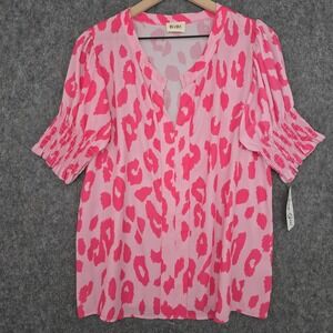 BiBi Blouse Womens M Pink Leopard Print Puff Sleeve Smocked V‎ Neck Tunic Top